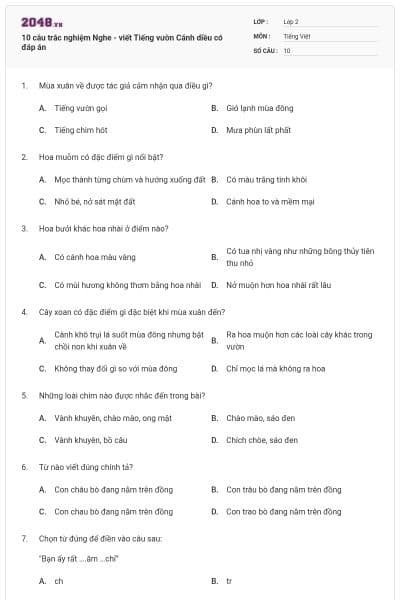 10 câu trắc nghiệm Nghe - viết Tiếng vườn Cánh diều có đáp án