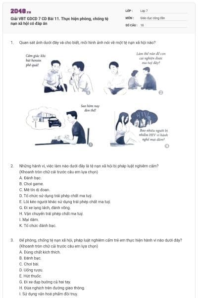 Giải VBT GDCD 7 CD Bài 11. Thực hiện phòng, chống tệ nạn xã hội có đáp án