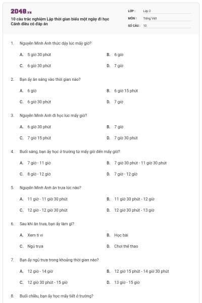 10 câu trắc nghiệm Lập thời gian biểu một ngày đi học Cánh diều có đáp án