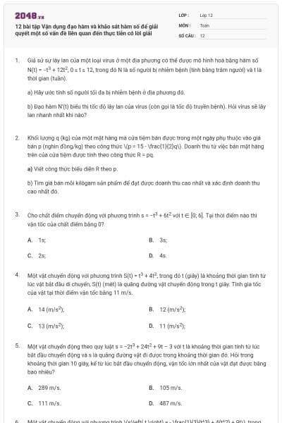12 bài tập Vận dụng đạo hàm và khảo sát hàm số để giải quyết một số vấn đề liên quan đến thực tiễn có lời giải