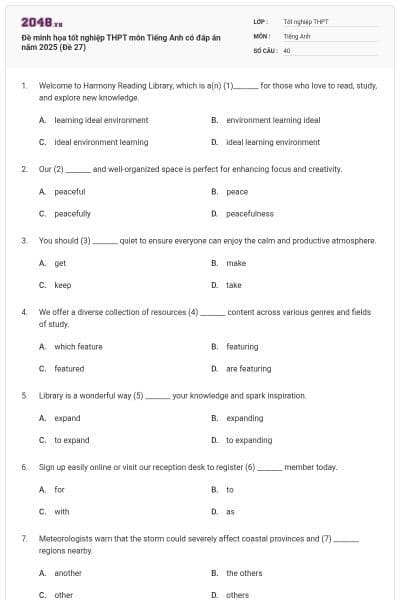 Đề minh họa tốt nghiệp THPT môn Tiếng Anh có đáp án năm 2025 (Đề 27)