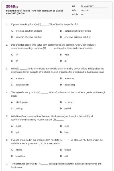 Đề minh họa tốt nghiệp THPT môn Tiếng Anh có đáp án năm 2025 (Đề 29)