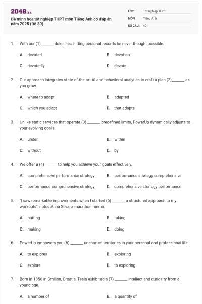 Đề minh họa tốt nghiệp THPT môn Tiếng Anh có đáp án năm 2025 (Đề 30)