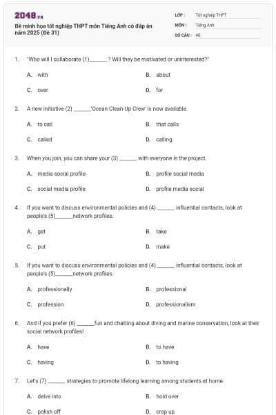 Đề minh họa tốt nghiệp THPT môn Tiếng Anh có đáp án năm 2025 (Đề 31)