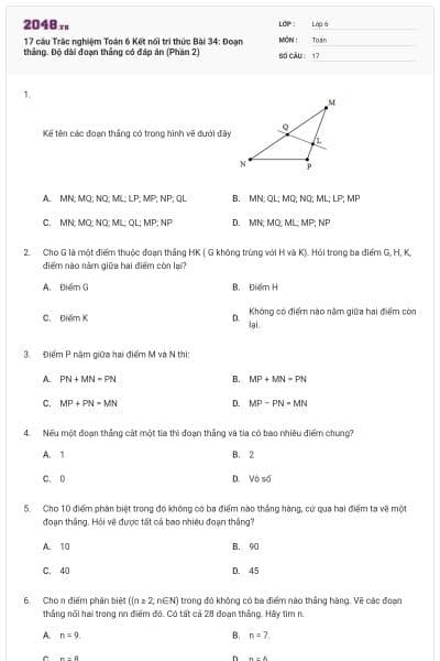 17 câu Trắc nghiệm Toán 6 Kết nối tri thức Bài 34: Đoạn thẳng. Độ dài đoạn thẳng có đáp án (Phần 2)