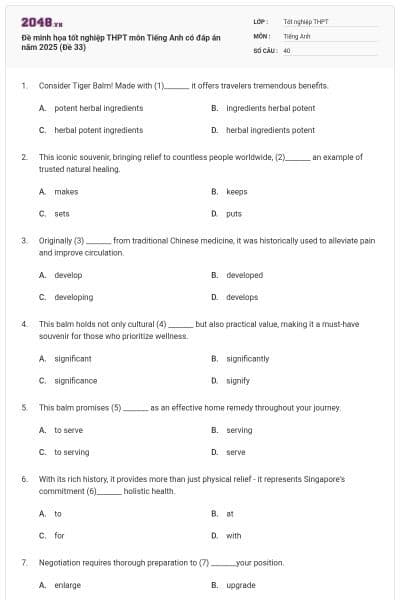 Đề minh họa tốt nghiệp THPT môn Tiếng Anh có đáp án năm 2025 (Đề 33)
