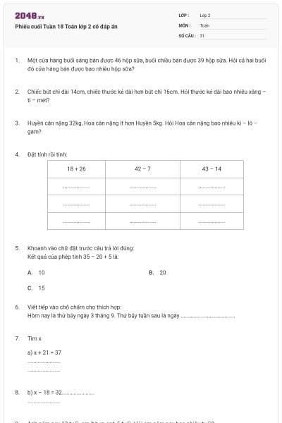 Phiếu cuối Tuần 18 Toán lớp 2 có đáp án