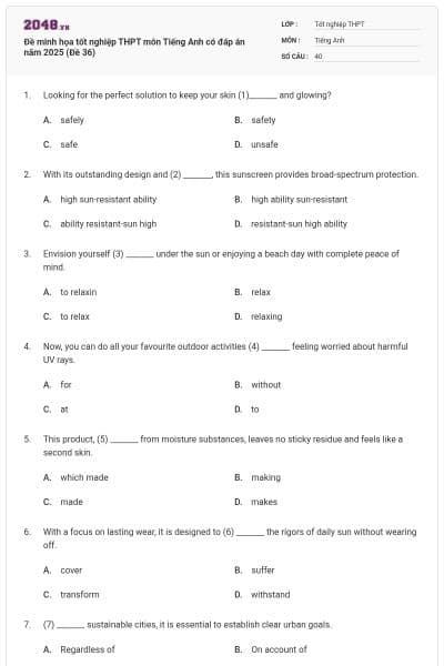 Đề minh họa tốt nghiệp THPT môn Tiếng Anh có đáp án năm 2025 (Đề 36)