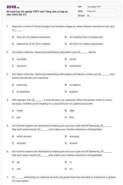 Đề minh họa tốt nghiệp THPT môn Tiếng Anh có đáp án năm 2025 (Đề 37)