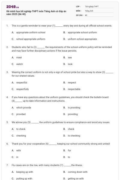 Đề minh họa tốt nghiệp THPT môn Tiếng Anh có đáp án năm 2025 (Đề 40)