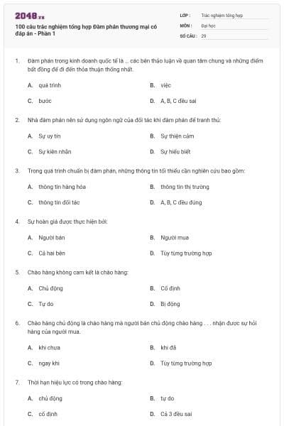 100 câu trắc nghiệm tổng hợp Đàm phán thương mại có đáp án - Phần 1