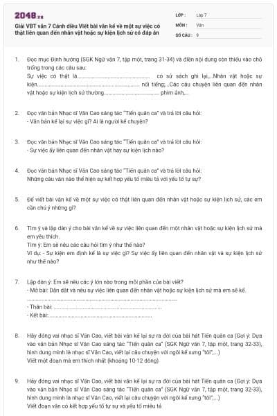 Giải VBT văn 7 Cánh diều Viết bài văn kể về một sự việc có thật liên quan đến nhân vật hoặc sự kiện lịch sử có đáp án