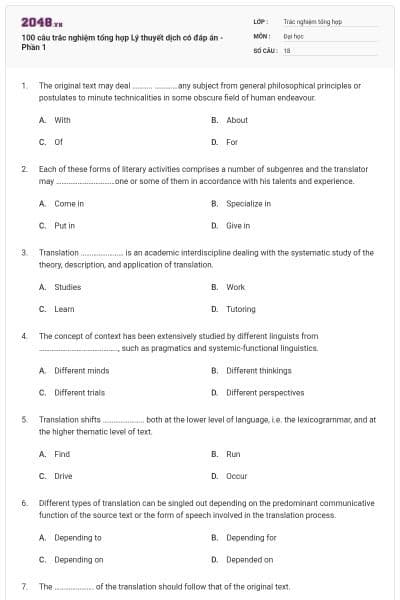 100 câu trắc nghiệm tổng hợp Lý thuyết dịch có đáp án - Phần 1
