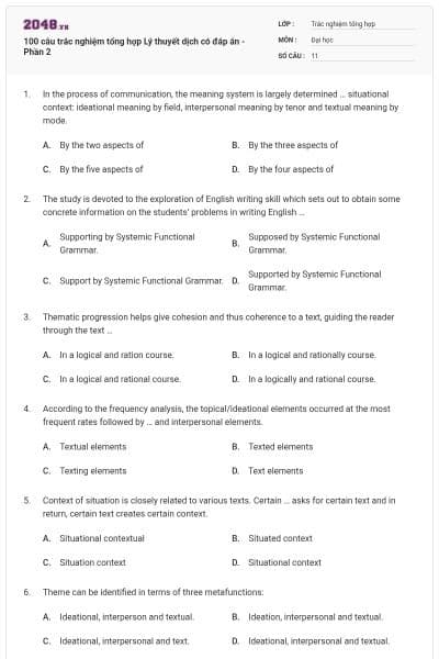 100 câu trắc nghiệm tổng hợp Lý thuyết dịch có đáp án - Phần 2