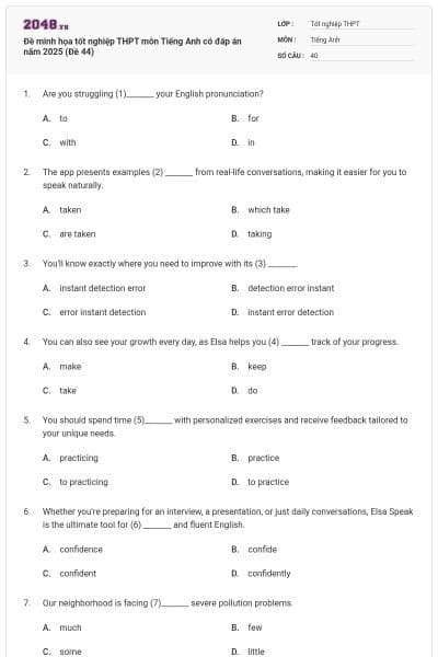 Đề minh họa tốt nghiệp THPT môn Tiếng Anh có đáp án năm 2025 (Đề 44)