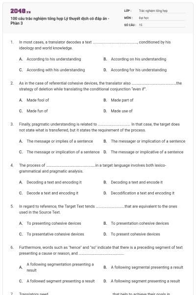 100 câu trắc nghiệm tổng hợp Lý thuyết dịch có đáp án - Phần 3