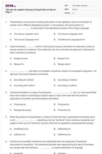 100 câu trắc nghiệm tổng hợp Lý thuyết dịch có đáp án - Phần 4