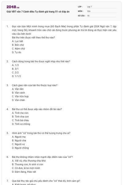 Giải VBT văn 7 Cánh diều Tự đánh giá trang 51 có đáp án