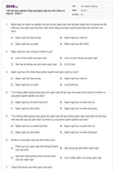 100 câu trắc nghiệm tổng hợp Ngôn ngữ học đối chiếu có đáp án - Phần 1