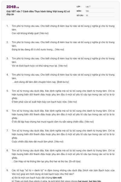 Giải VBT văn 7 Cánh diều Thực hành tiếng Việt trang 62 có đáp án