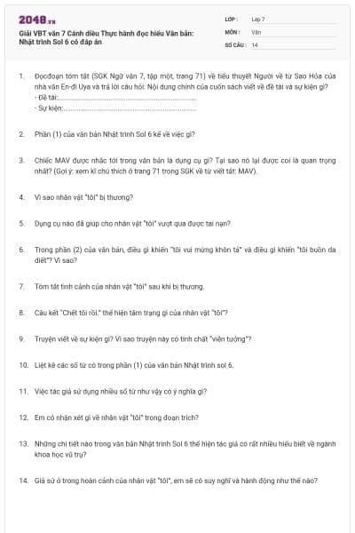 Giải VBT văn 7 Cánh diều Thực hành đọc hiểu Văn bản: Nhật trình Sol 6 có đáp án