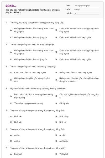 100 câu trắc nghiệm tổng hợp Ngôn ngữ học đối chiếu có đáp án - Phần 3