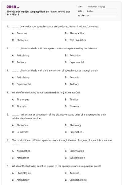 500 câu trắc nghiệm tổng hợp Ngữ âm - âm vị học có đáp án - Phần 1