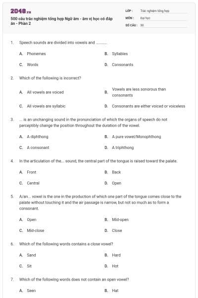 500 câu trắc nghiệm tổng hợp Ngữ âm - âm vị học có đáp án - Phần 2