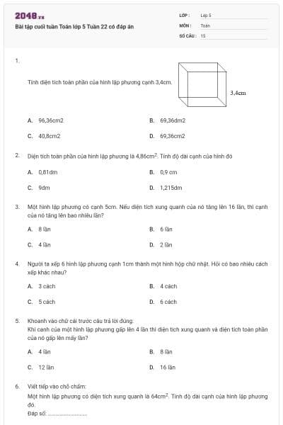 Bài tập cuối tuần Toán lớp 5 Tuần 22 có đáp án