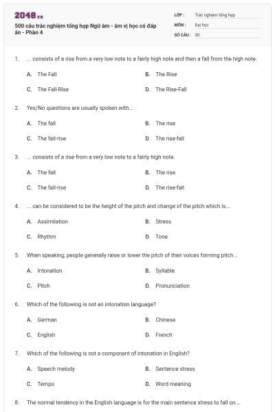 500 câu trắc nghiệm tổng hợp Ngữ âm - âm vị học có đáp án - Phần 4