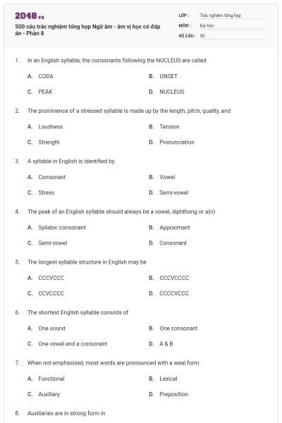500 câu trắc nghiệm tổng hợp Ngữ âm - âm vị học có đáp án - Phần 8