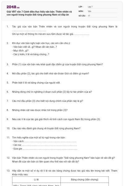 Giải VBT văn 7 Cánh diều Đọc hiểu văn bản: Thiên nhiên và con người trong truyện Đất rừng phương Nam có đáp án