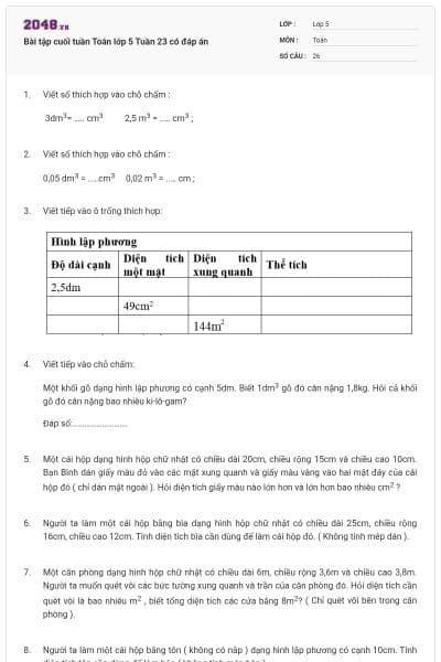 Bài tập cuối tuần Toán lớp 5 Tuần 23 có đáp án