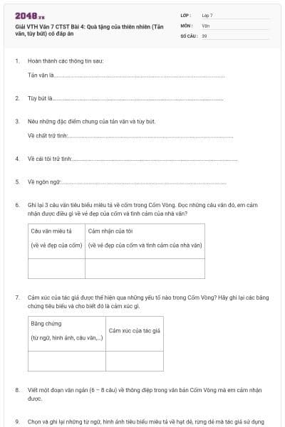 Giải VTH Văn 7 CTST Bài 4: Quà tặng của thiên nhiên (Tản văn, tùy bút) có đáp án