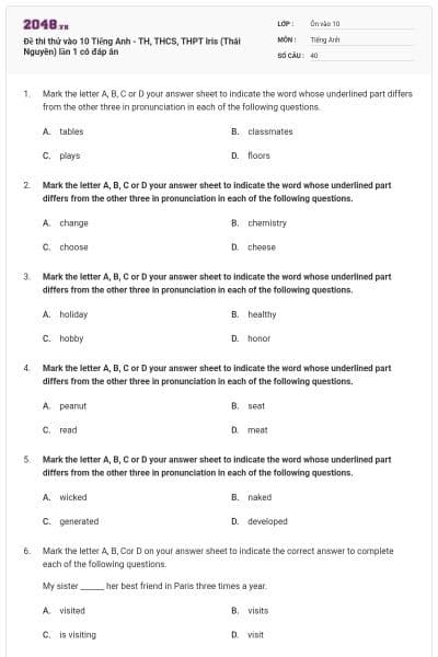 Đề thi thử vào 10 Tiếng Anh - TH, THCS, THPT Iris (Thái Nguyên) lần 1 có đáp án