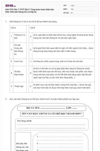 Giải VTH Văn 7 CTST Bài 5: Từng bước hoàn thiện bản thân (Văn bản thông tin) có đáp án