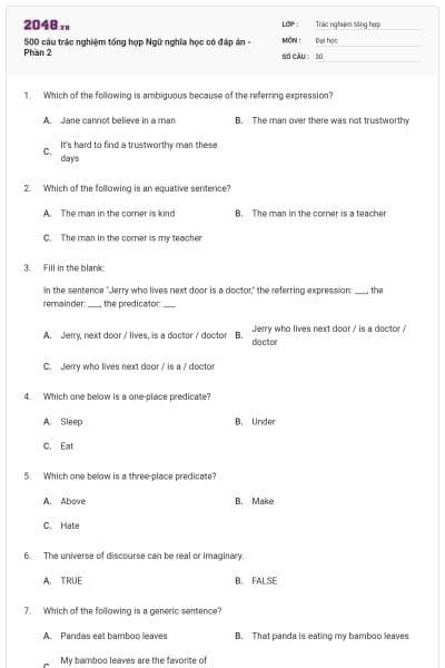 500 câu trắc nghiệm tổng hợp Ngữ nghĩa học có đáp án - Phần 2