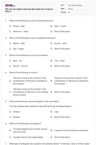 500 câu trắc nghiệm tổng hợp Ngữ nghĩa học có đáp án - Phần 3