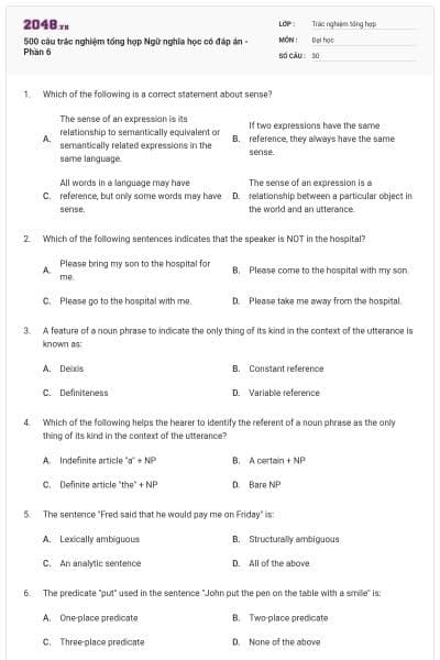 500 câu trắc nghiệm tổng hợp Ngữ nghĩa học có đáp án - Phần 6