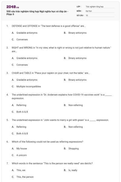 500 câu trắc nghiệm tổng hợp Ngữ nghĩa học có đáp án - Phần 9