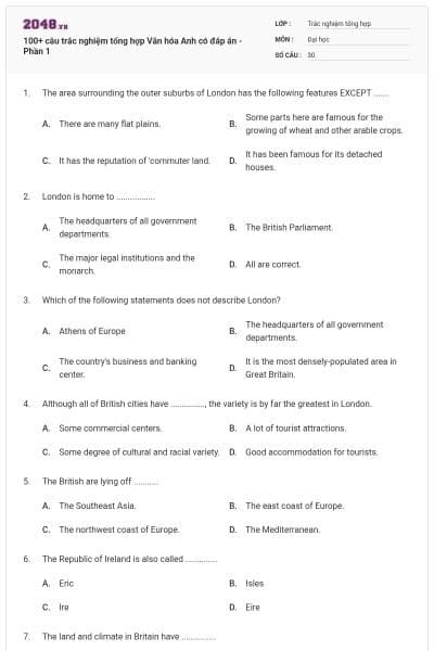 100+ câu trắc nghiệm tổng hợp Văn hóa Anh có đáp án - Phần 1
