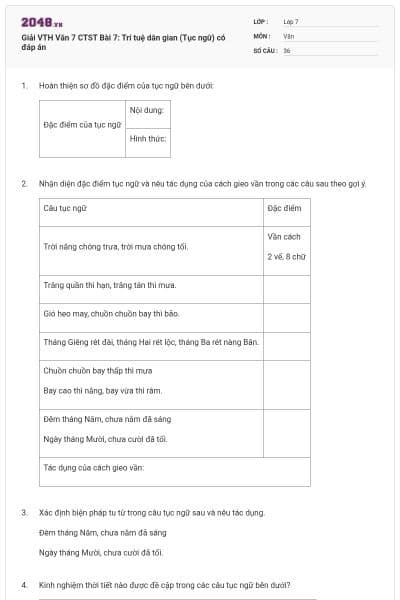 Giải VTH Văn 7 CTST Bài 7: Trí tuệ dân gian (Tục ngữ) có đáp án