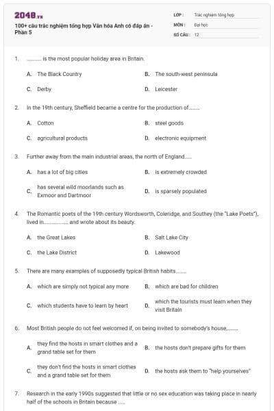 100+ câu trắc nghiệm tổng hợp Văn hóa Anh có đáp án - Phần 5