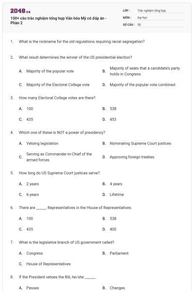 100+ câu trắc nghiệm tổng hợp Văn hóa Mỹ có đáp án - Phần 2