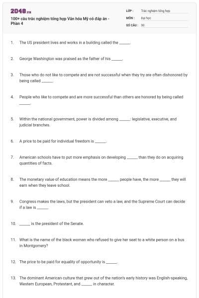 100+ câu trắc nghiệm tổng hợp Văn hóa Mỹ có đáp án - Phần 4