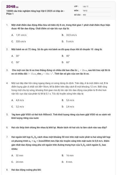 10000 câu trắc nghiệm tổng hợp Vật lí 2025 có đáp án - Phần 1