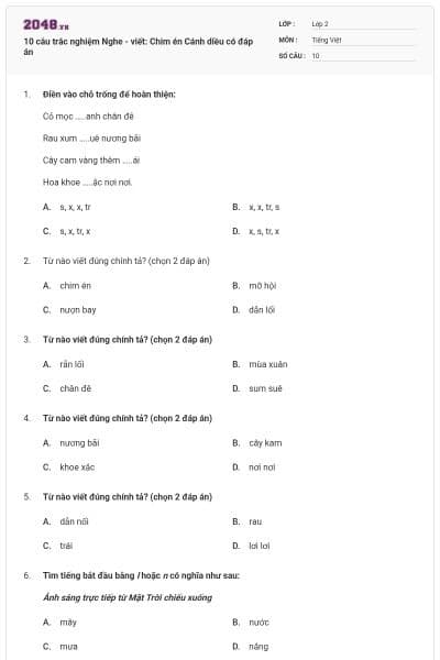 10 câu trắc nghiệm Nghe - viết: Chim én Cánh diều có đáp án