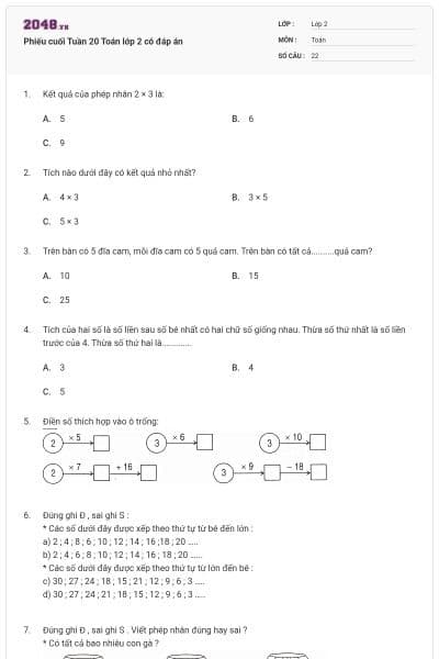Phiếu cuối Tuần 20 Toán lớp 2 có đáp án