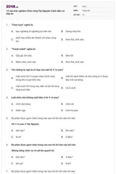 12 câu trắc nghiệm Chim rừng Tây Nguyên Cánh diều có đáp án