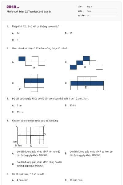 Phiếu cuối Tuần 22 Toán lớp 2 có đáp án
